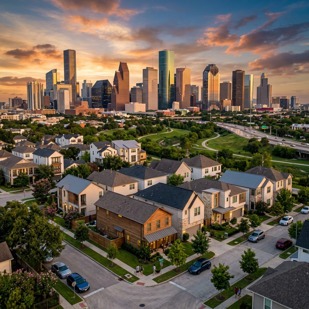 Houston skyline at sunset showcasing affordable real estate and thriving urban living for out-of-state transplants